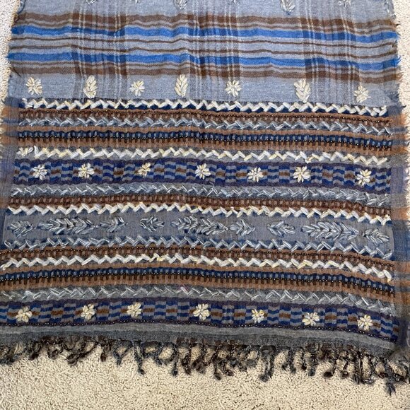 Vintage Wool Blend Scarf Wrap Embroidered Beaded Floral Fringe 26” x 74” Boho - Picture 5 of 10